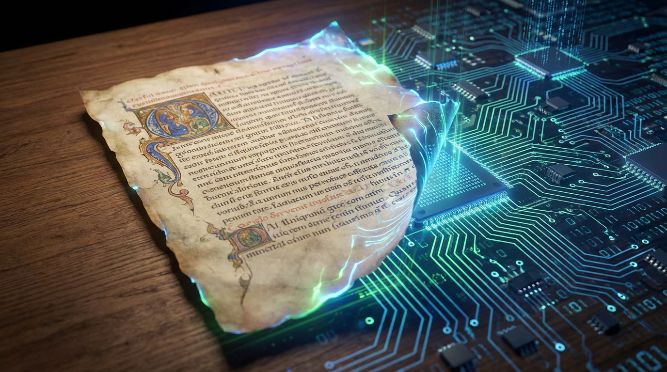 Bridging historical archives with modern digital technology - Ali Alhajji | علي الحاجي Ancient illuminated manuscript transitioning into a glowing blue electronic circuit board.