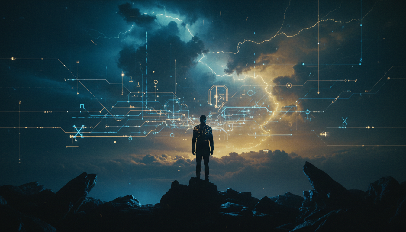The intersection of nature and digital consciousness - Ali Alhajji | علي الحاجي Silhouette of a person on a rocky peak against a stormy sky with digital overlays.